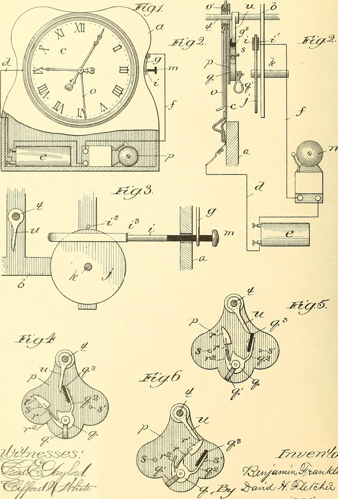 An illustration from U.S. patents covering time keeping mechanisms, 1892, leaf 95