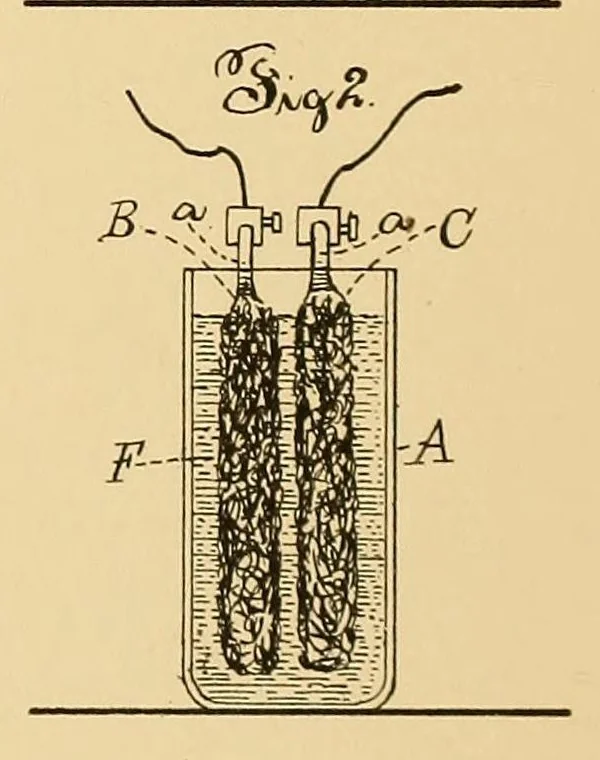 An illustration from U.S. patents issued to Thomas A. Edison from 1883-88, 1900, leaf 100