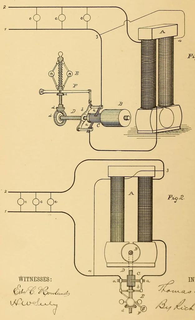 An illustration from U.S. patents issued to Thomas A. Edison from 1883-88, 1900, leaf 162