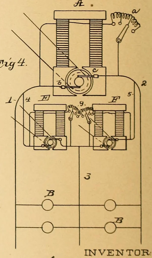 An illustration from U.S. patents issued to Thomas A. Edison from 1883-88, 1900, leaf 570