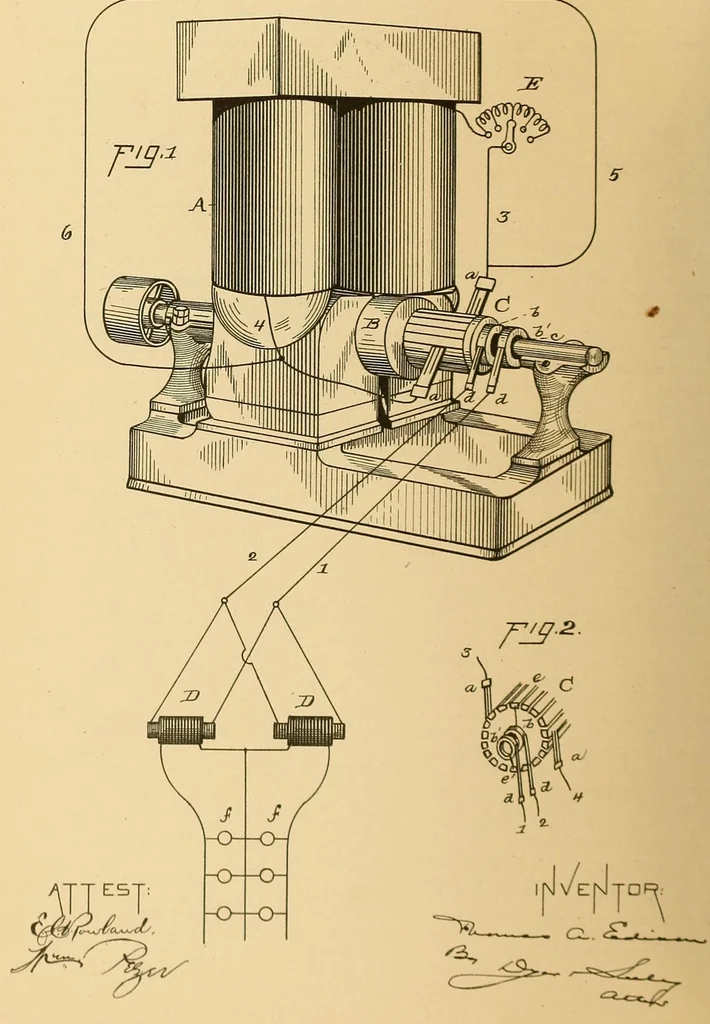 An illustration from U.S. patents issued to Thomas A. Edison from 1883-88, 1900, leaf 748
