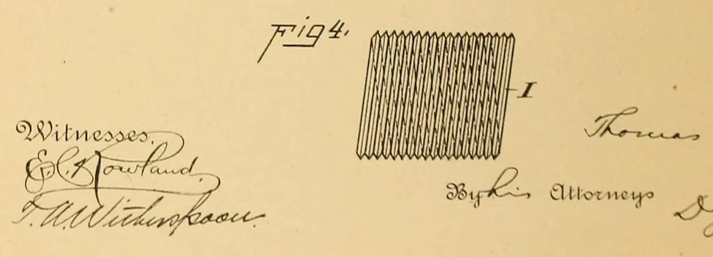 An illustration from U.S. patents issued to Thomas A. Edison from 1883-88, 1900, leaf 780