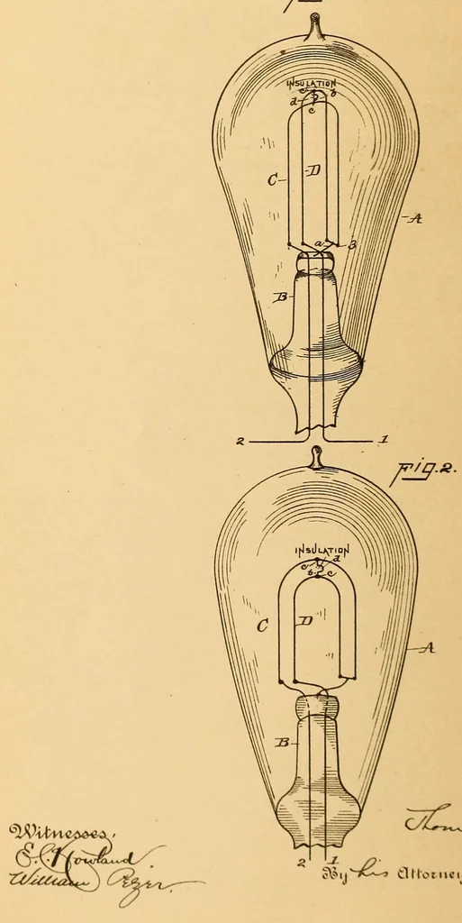 An illustration from U.S. patents issued to Thomas A. Edison from 1883-88, 1900, leaf 826