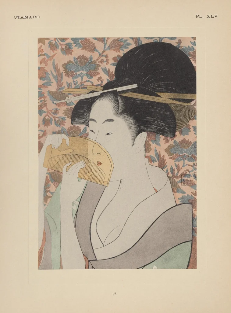 An illustration from Utamaro : estampes japonaises tirées des collections de mm. Bing, Bouasse-Lebel, Bullier [et al.] et exposée au Musée des arts décoratifs en janvier 1912. Catalogue, 1912, leaf 147