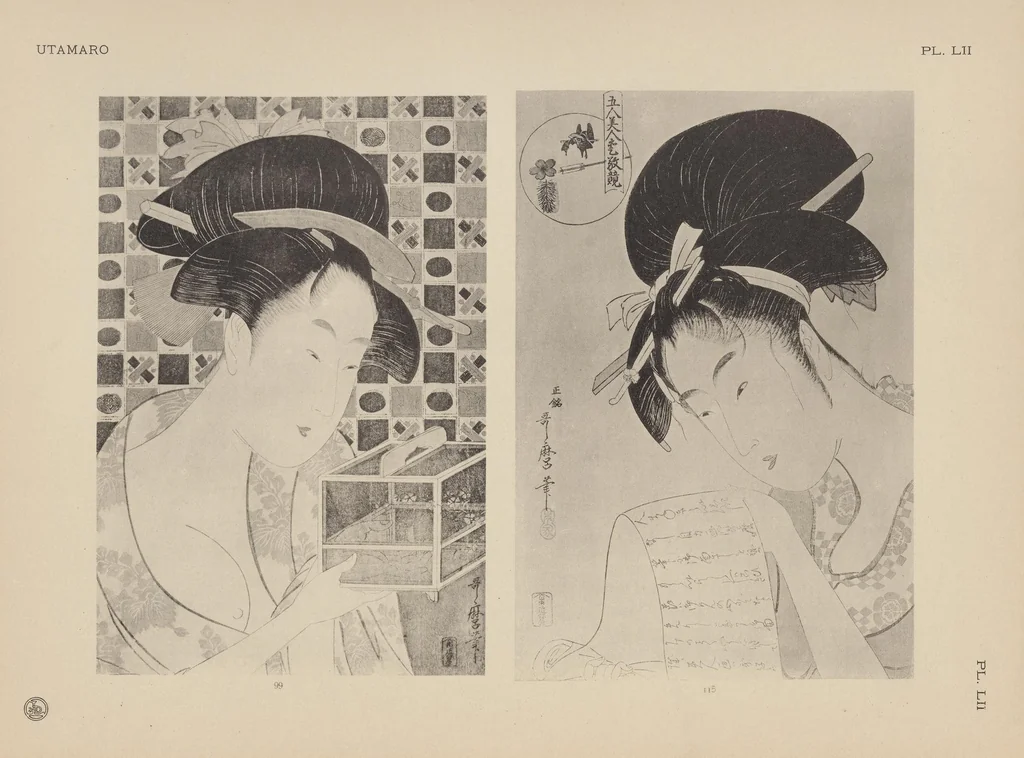 An illustration from Utamaro : estampes japonaises tirées des collections de mm. Bing, Bouasse-Lebel, Bullier [et al.] et exposée au Musée des arts décoratifs en janvier 1912. Catalogue, 1912, leaf 159