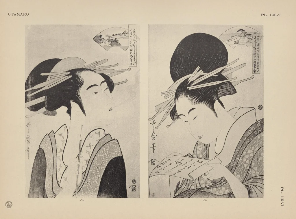 An illustration from Utamaro : estampes japonaises tirées des collections de mm. Bing, Bouasse-Lebel, Bullier [et al.] et exposée au Musée des arts décoratifs en janvier 1912. Catalogue, 1912, leaf 185