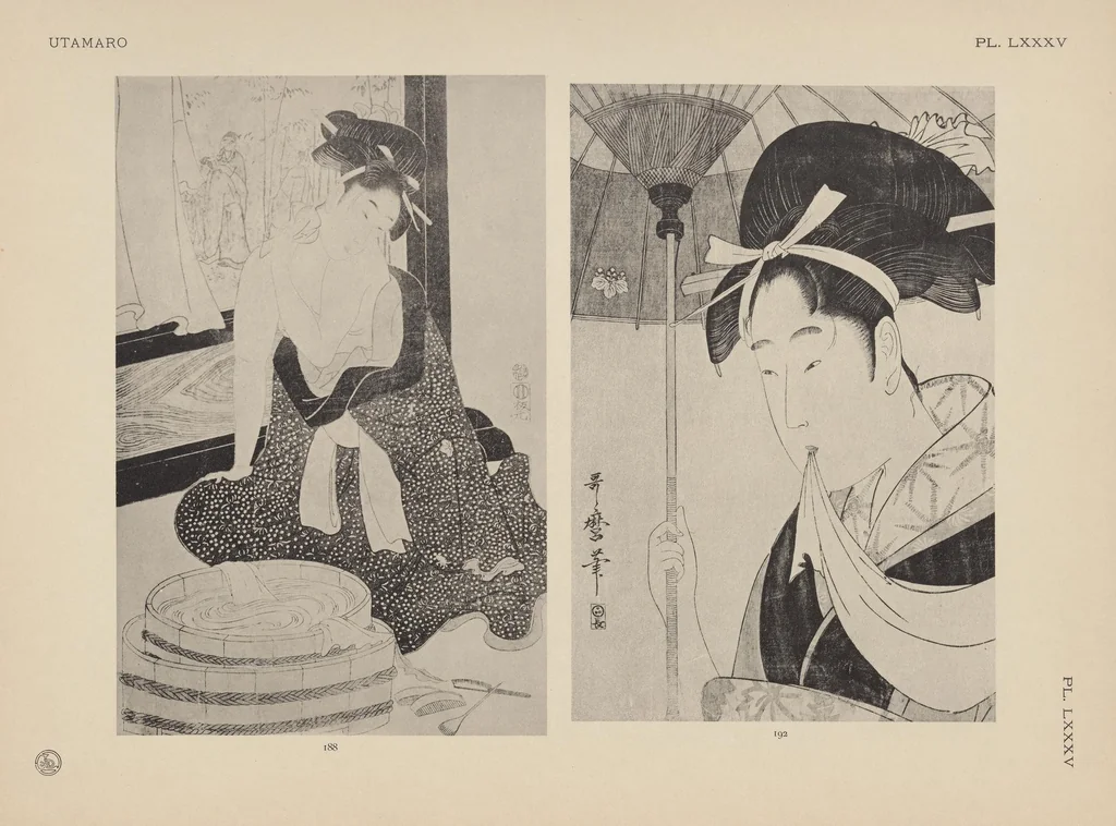 An illustration from Utamaro : estampes japonaises tirées des collections de mm. Bing, Bouasse-Lebel, Bullier [et al.] et exposée au Musée des arts décoratifs en janvier 1912. Catalogue, 1912, leaf 225