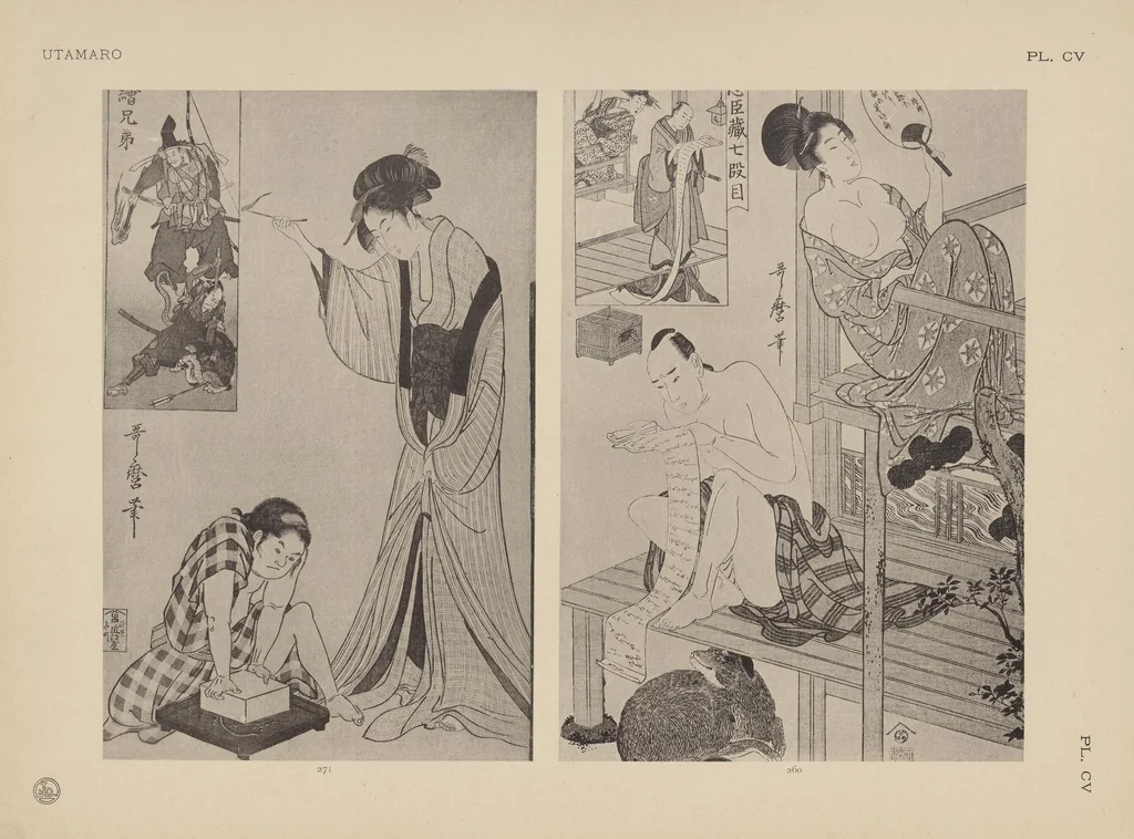 An illustration from Utamaro : estampes japonaises tirées des collections de mm. Bing, Bouasse-Lebel, Bullier [et al.] et exposée au Musée des arts décoratifs en janvier 1912. Catalogue, 1912, leaf 261