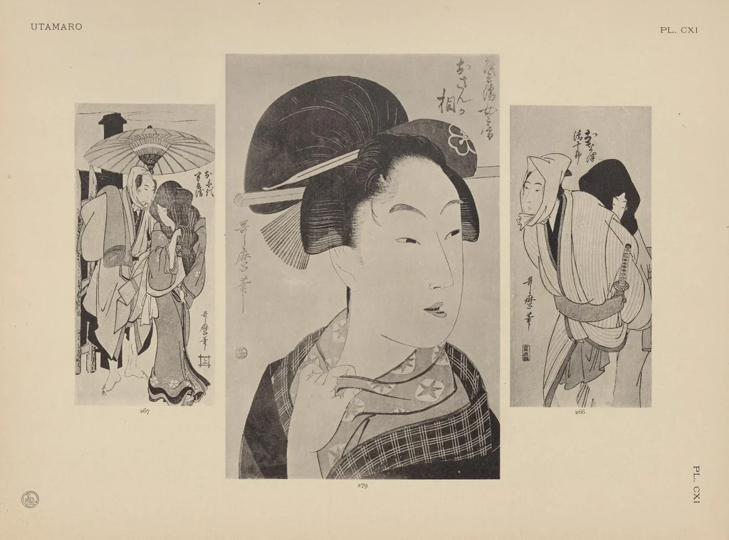 An illustration from Utamaro : estampes japonaises tirées des collections de mm. Bing, Bouasse-Lebel, Bullier [et al.] et exposée au Musée des arts décoratifs en janvier 1912. Catalogue, 1912, leaf 273