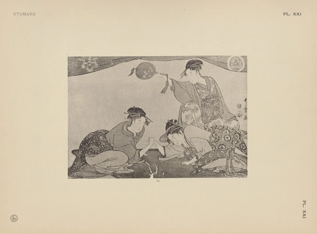 An illustration from Utamaro : estampes japonaises tirées des collections de mm. Bing, Bouasse-Lebel, Bullier [et al.] et exposée au Musée des arts décoratifs en janvier 1912. Catalogue, 1912, leaf 95