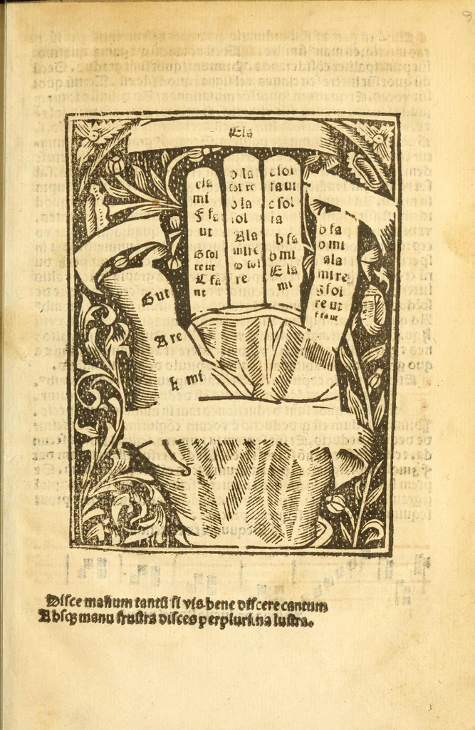 An illustration from Utilissime musicales regule necessitate plaini cantus simplicis contrapuncti: rerum factarum tonozum vsualium: nec non artis accentuandi tam speculatiue practice: accriori lima mundate, 1526, leaf 11