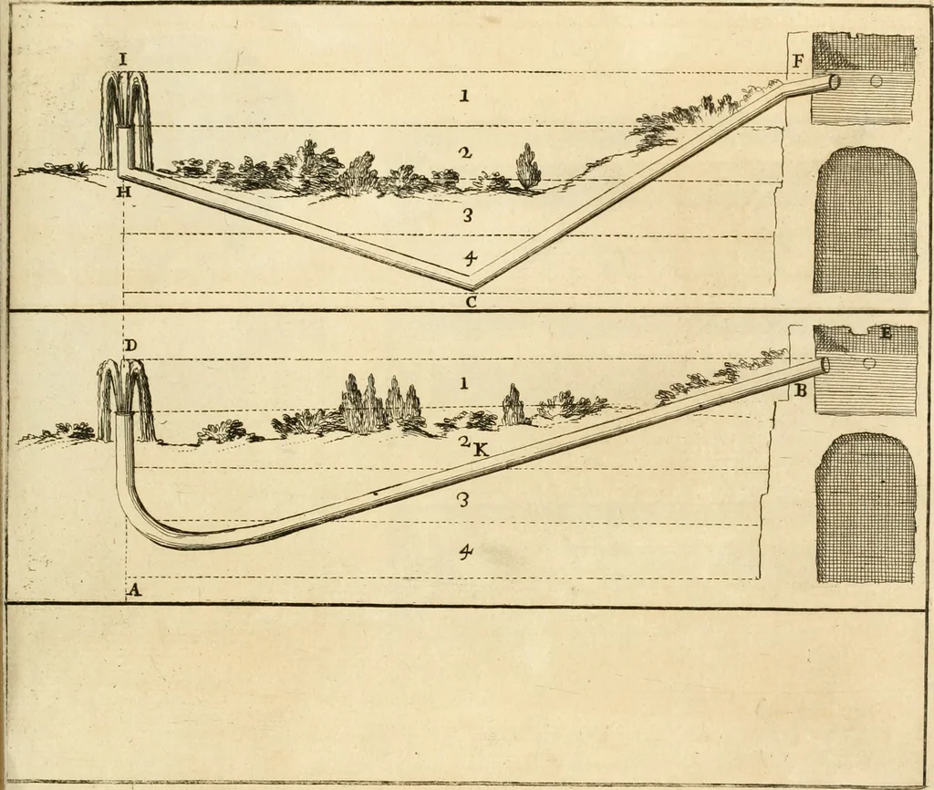 An illustration from Utilissimo trattato dell'acque correnti : diviso in tre libri : nel quale si notificano le misure, ed esperienze di esse : i giuochi, e scherzi, li quali per mezzo dell'aria, e del fuoco, vengono operati dall'acqua : con diversi necessarii ammaestramenti intorno al modo di far condotti, fistole, bottini, ed altro, per condurre l'acque ne' luoghi destinati : con una esatta notizia di tutto quello, ch'è stato operato intorno alla conduttura dell' acqua di Bracciano, 1696, leaf 100