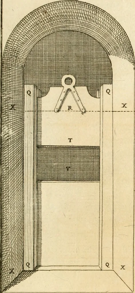 An illustration from Utilissimo trattato dell'acque correnti : diviso in tre libri : nel quale si notificano le misure, ed esperienze di esse : i giuochi, e scherzi, li quali per mezzo dell'aria, e del fuoco, vengono operati dall'acqua : con diversi necessarii ammaestramenti intorno al modo di far condotti, fistole, bottini, ed altro, per condurre l'acque ne' luoghi destinati : con una esatta notizia di tutto quello, ch'è stato operato intorno alla conduttura dell' acqua di Bracciano, 1696, leaf 102