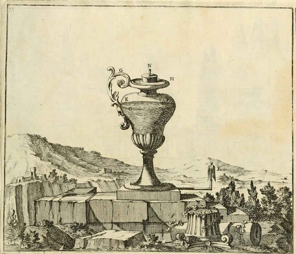 An illustration from Utilissimo trattato dell'acque correnti : diviso in tre libri : nel quale si notificano le misure, ed esperienze di esse : i giuochi, e scherzi, li quali per mezzo dell'aria, e del fuoco, vengono operati dall'acqua : con diversi necessarii ammaestramenti intorno al modo di far condotti, fistole, bottini, ed altro, per condurre l'acque ne' luoghi destinati : con una esatta notizia di tutto quello, ch'è stato operato intorno alla conduttura dell' acqua di Bracciano, 1696, leaf 110