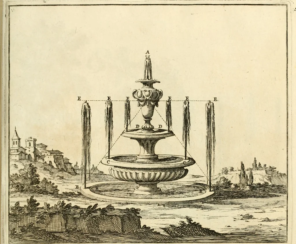 An illustration from Utilissimo trattato dell'acque correnti : diviso in tre libri : nel quale si notificano le misure, ed esperienze di esse : i giuochi, e scherzi, li quali per mezzo dell'aria, e del fuoco, vengono operati dall'acqua : con diversi necessarii ammaestramenti intorno al modo di far condotti, fistole, bottini, ed altro, per condurre l'acque ne' luoghi destinati : con una esatta notizia di tutto quello, ch'è stato operato intorno alla conduttura dell' acqua di Bracciano, 1696, leaf 116