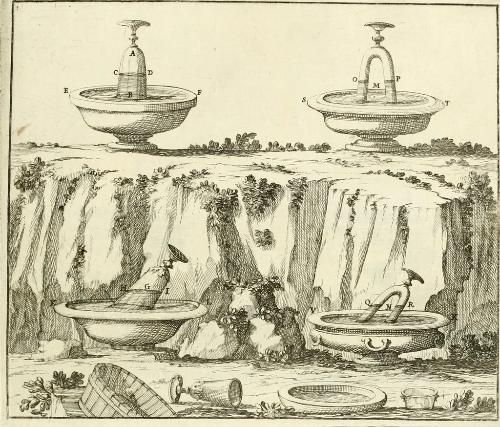 An illustration from Utilissimo trattato dell'acque correnti : diviso in tre libri : nel quale si notificano le misure, ed esperienze di esse : i giuochi, e scherzi, li quali per mezzo dell'aria, e del fuoco, vengono operati dall'acqua : con diversi necessarii ammaestramenti intorno al modo di far condotti, fistole, bottini, ed altro, per condurre l'acque ne' luoghi destinati : con una esatta notizia di tutto quello, ch'è stato operato intorno alla conduttura dell' acqua di Bracciano, 1696, leaf 144