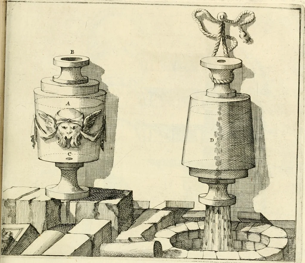 An illustration from Utilissimo trattato dell'acque correnti : diviso in tre libri : nel quale si notificano le misure, ed esperienze di esse : i giuochi, e scherzi, li quali per mezzo dell'aria, e del fuoco, vengono operati dall'acqua : con diversi necessarii ammaestramenti intorno al modo di far condotti, fistole, bottini, ed altro, per condurre l'acque ne' luoghi destinati : con una esatta notizia di tutto quello, ch'è stato operato intorno alla conduttura dell' acqua di Bracciano, 1696, leaf 164