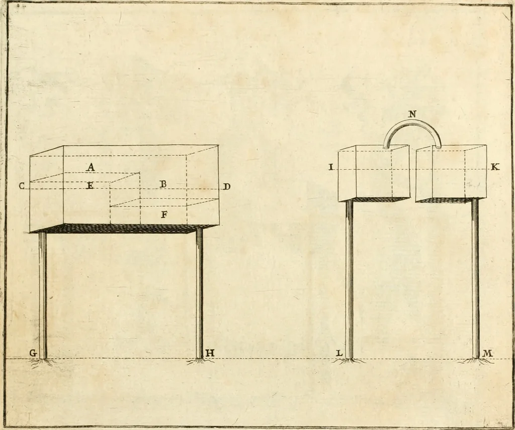 An illustration from Utilissimo trattato dell'acque correnti : diviso in tre libri : nel quale si notificano le misure, ed esperienze di esse : i giuochi, e scherzi, li quali per mezzo dell'aria, e del fuoco, vengono operati dall'acqua : con diversi necessarii ammaestramenti intorno al modo di far condotti, fistole, bottini, ed altro, per condurre l'acque ne' luoghi destinati : con una esatta notizia di tutto quello, ch'è stato operato intorno alla conduttura dell' acqua di Bracciano, 1696, leaf 176