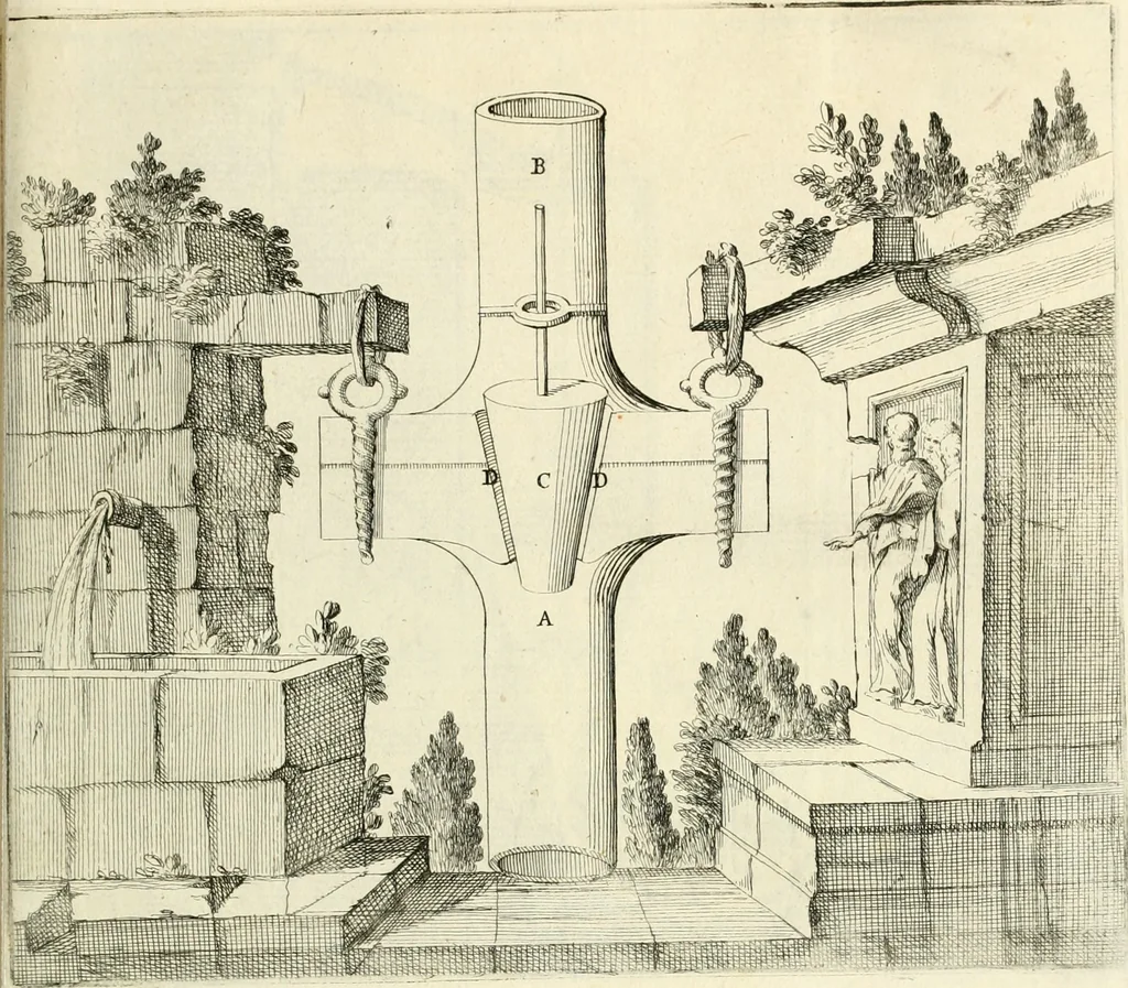 An illustration from Utilissimo trattato dell'acque correnti : diviso in tre libri : nel quale si notificano le misure, ed esperienze di esse : i giuochi, e scherzi, li quali per mezzo dell'aria, e del fuoco, vengono operati dall'acqua : con diversi necessarii ammaestramenti intorno al modo di far condotti, fistole, bottini, ed altro, per condurre l'acque ne' luoghi destinati : con una esatta notizia di tutto quello, ch'è stato operato intorno alla conduttura dell' acqua di Bracciano, 1696, leaf 192