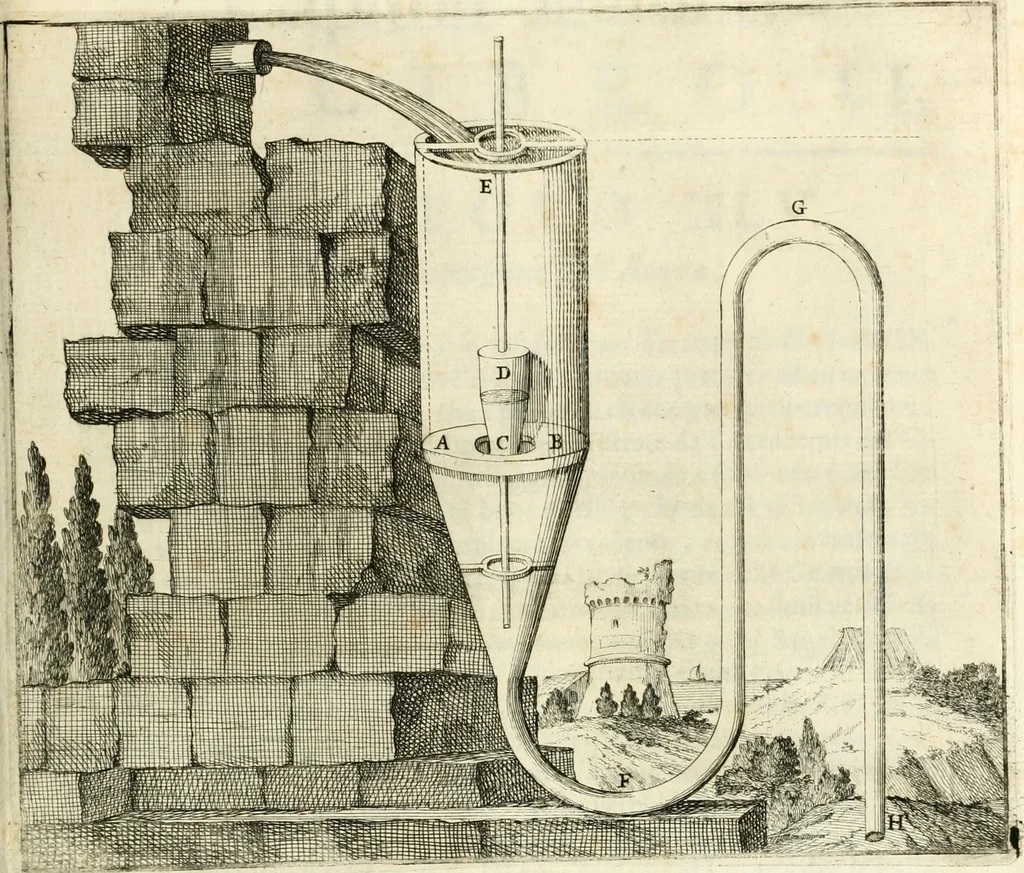 An illustration from Utilissimo trattato dell'acque correnti : diviso in tre libri : nel quale si notificano le misure, ed esperienze di esse : i giuochi, e scherzi, li quali per mezzo dell'aria, e del fuoco, vengono operati dall'acqua : con diversi necessarii ammaestramenti intorno al modo di far condotti, fistole, bottini, ed altro, per condurre l'acque ne' luoghi destinati : con una esatta notizia di tutto quello, ch'è stato operato intorno alla conduttura dell' acqua di Bracciano, 1696, leaf 194
