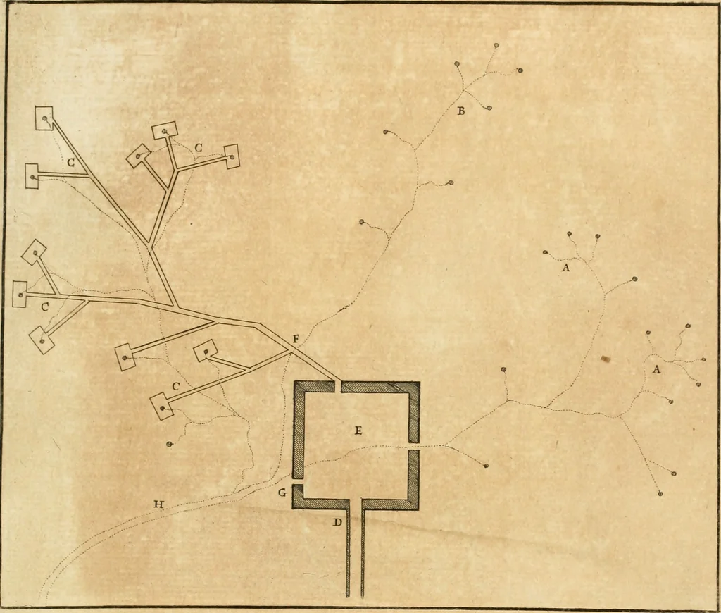 An illustration from Utilissimo trattato dell'acque correnti : diviso in tre libri : nel quale si notificano le misure, ed esperienze di esse : i giuochi, e scherzi, li quali per mezzo dell'aria, e del fuoco, vengono operati dall'acqua : con diversi necessarii ammaestramenti intorno al modo di far condotti, fistole, bottini, ed altro, per condurre l'acque ne' luoghi destinati : con una esatta notizia di tutto quello, ch'è stato operato intorno alla conduttura dell' acqua di Bracciano, 1696, leaf 36