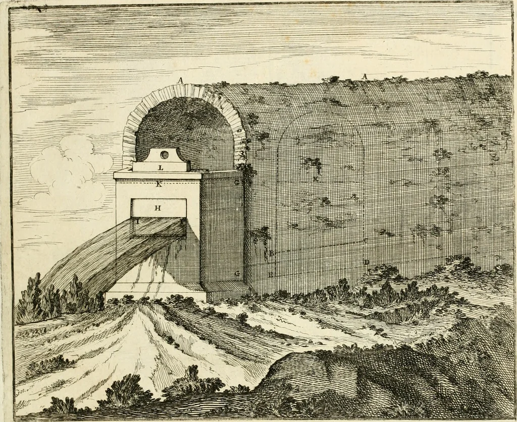 An illustration from Utilissimo trattato dell'acque correnti : diviso in tre libri : nel quale si notificano le misure, ed esperienze di esse : i giuochi, e scherzi, li quali per mezzo dell'aria, e del fuoco, vengono operati dall'acqua : con diversi necessarii ammaestramenti intorno al modo di far condotti, fistole, bottini, ed altro, per condurre l'acque ne' luoghi destinati : con una esatta notizia di tutto quello, ch'è stato operato intorno alla conduttura dell' acqua di Bracciano, 1696, leaf 48