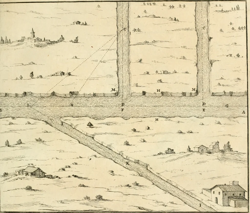 An illustration from Utilissimo trattato dell'acque correnti : diviso in tre libri : nel quale si notificano le misure, ed esperienze di esse : i giuochi, e scherzi, li quali per mezzo dell'aria, e del fuoco, vengono operati dall'acqua : con diversi necessarii ammaestramenti intorno al modo di far condotti, fistole, bottini, ed altro, per condurre l'acque ne' luoghi destinati : con una esatta notizia di tutto quello, ch'è stato operato intorno alla conduttura dell' acqua di Bracciano, 1696, leaf 62