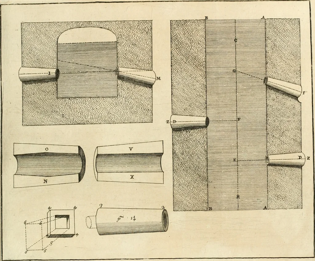 An illustration from Utilissimo trattato dell'acque correnti : diviso in tre libri : nel quale si notificano le misure, ed esperienze di esse : i giuochi, e scherzi, li quali per mezzo dell'aria, e del fuoco, vengono operati dall'acqua : con diversi necessarii ammaestramenti intorno al modo di far condotti, fistole, bottini, ed altro, per condurre l'acque ne' luoghi destinati : con una esatta notizia di tutto quello, ch'è stato operato intorno alla conduttura dell' acqua di Bracciano, 1696, leaf 82