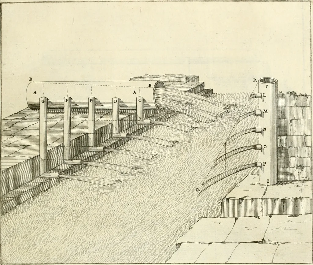 An illustration from Utilissimo trattato dell'acque correnti : diviso in tre libri : nel quale si notificano le misure, ed esperienze di esse : i giuochi, e scherzi, li quali per mezzo dell'aria, e del fuoco, vengono operati dall'acqua : con diversi necessarii ammaestramenti intorno al modo di far condotti, fistole, bottini, ed altro, per condurre l'acque ne' luoghi destinati : con una esatta notizia di tutto quello, ch'è stato operato intorno alla conduttura dell' acqua di Bracciano, 1696, leaf 88