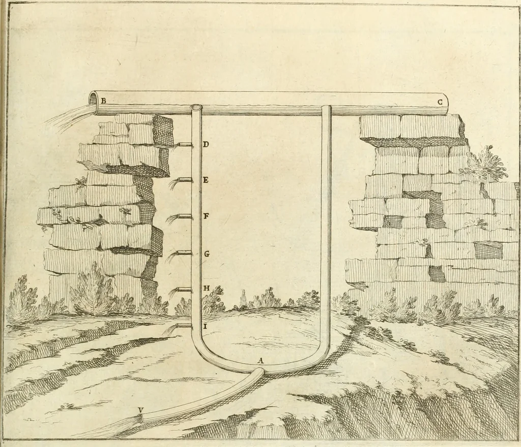 An illustration from Utilissimo trattato dell'acque correnti : diviso in tre libri : nel quale si notificano le misure, ed esperienze di esse : i giuochi, e scherzi, li quali per mezzo dell'aria, e del fuoco, vengono operati dall'acqua : con diversi necessarii ammaestramenti intorno al modo di far condotti, fistole, bottini, ed altro, per condurre l'acque ne' luoghi destinati : con una esatta notizia di tutto quello, ch'è stato operato intorno alla conduttura dell' acqua di Bracciano, 1696, leaf 90