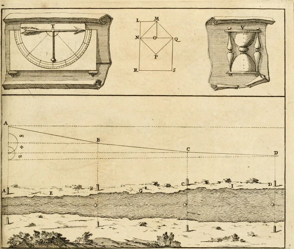 An illustration from Utilissimo trattato dell'acque correnti : diviso in tre libri : nel quale si notificano le misure, ed esperienze di esse : i giuochi, e scherzi, li quali per mezzo dell'aria, e del fuoco, vengono operati dall'acqua : con diversi necessarii ammaestramenti intorno al modo di far condotti, fistole, bottini, ed altro, per condurre l'acque ne' luoghi destinati : con una esatta notizia di tutto quello, ch'è stato operato intorno alla conduttura dell' acqua di Bracciano, 1696, leaf 98
