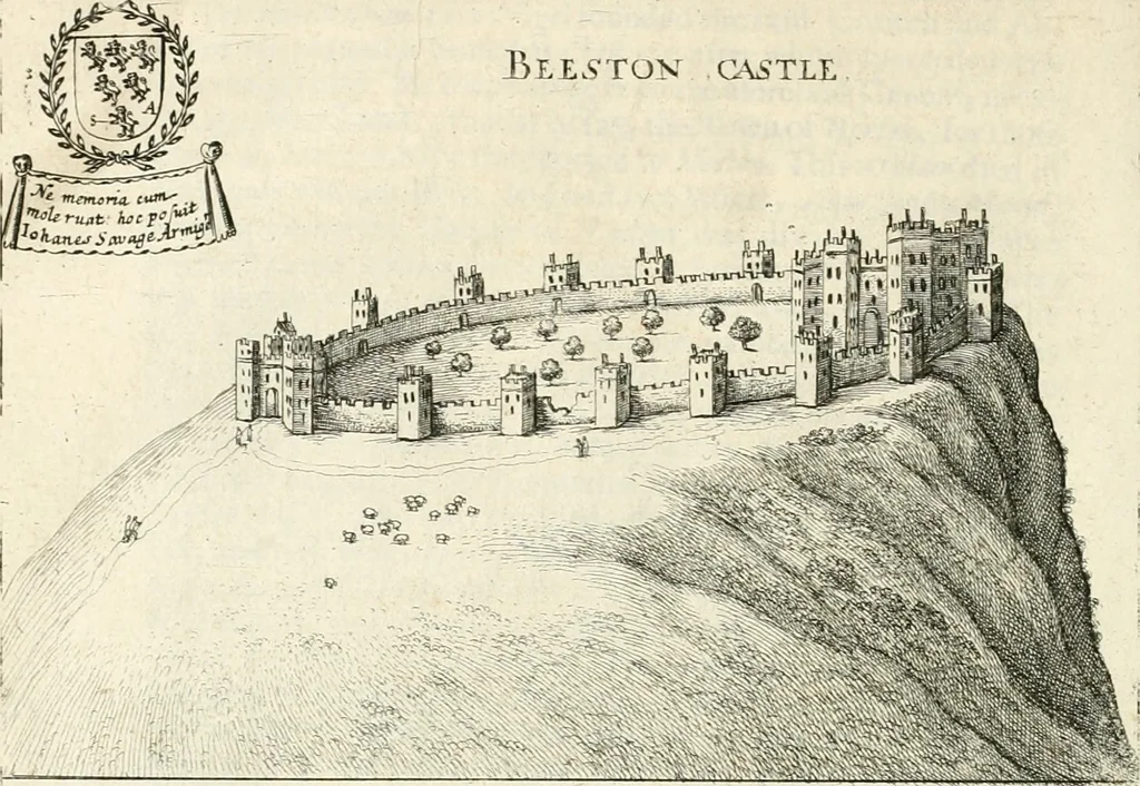 An illustration from The vale-royall of England, or, The county palatine of Chester illustrated : wherein is contained a geographical and historical description of that famous county, with all its hundreds and seats of the nobility, gentry, and freeholders, its rivers, towns, castles, buildings ancient and modern : adorned with maps and prospects, and the coats of arms belonging to every individual family of the whole county, 1656, leaf 119