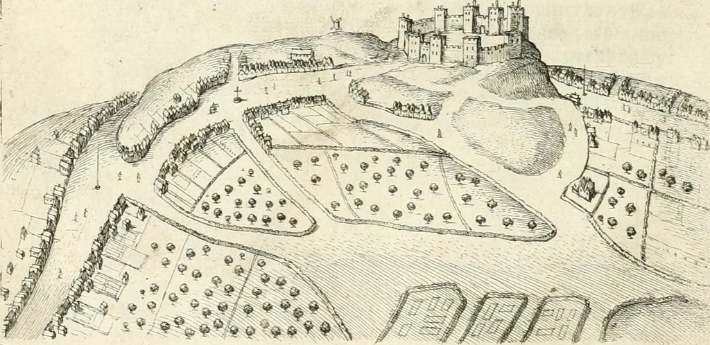 An illustration from The vale-royall of England, or, The county palatine of Chester illustrated : wherein is contained a geographical and historical description of that famous county, with all its hundreds and seats of the nobility, gentry, and freeholders, its rivers, towns, castles, buildings ancient and modern : adorned with maps and prospects, and the coats of arms belonging to every individual family of the whole county, 1656, leaf 119