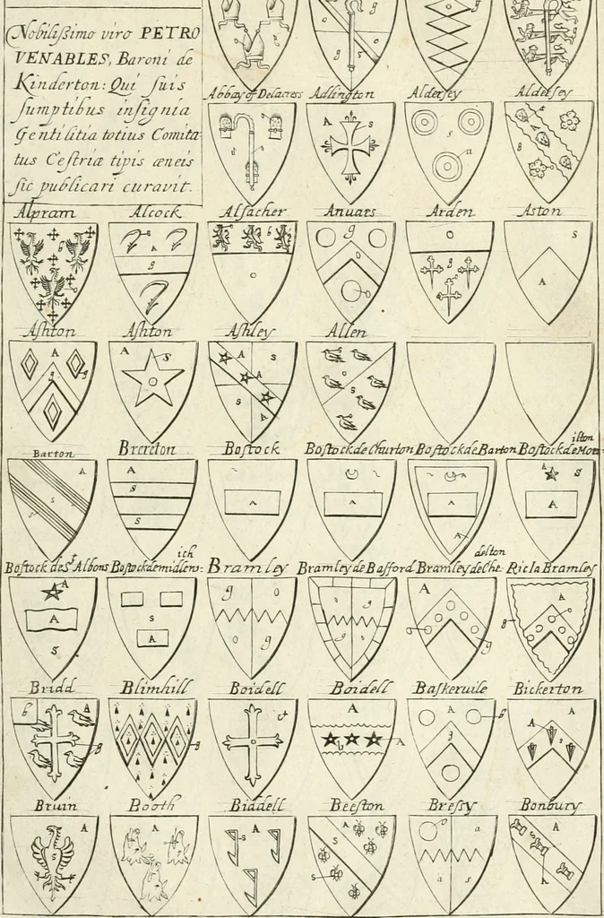 An illustration from The vale-royall of England, or, The county palatine of Chester illustrated : wherein is contained a geographical and historical description of that famous county, with all its hundreds and seats of the nobility, gentry, and freeholders, its rivers, towns, castles, buildings ancient and modern : adorned with maps and prospects, and the coats of arms belonging to every individual family of the whole county, 1656, leaf 130