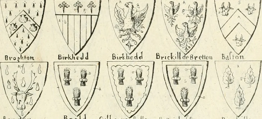 An illustration from The vale-royall of England, or, The county palatine of Chester illustrated : wherein is contained a geographical and historical description of that famous county, with all its hundreds and seats of the nobility, gentry, and freeholders, its rivers, towns, castles, buildings ancient and modern : adorned with maps and prospects, and the coats of arms belonging to every individual family of the whole county, 1656, leaf 132