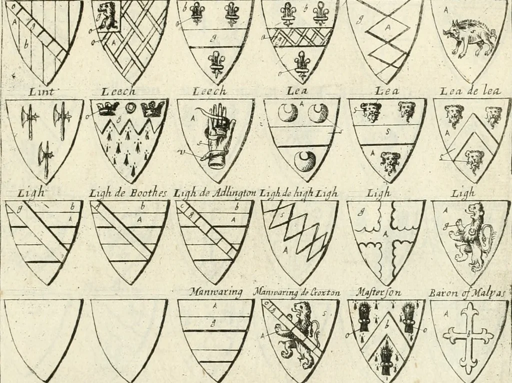 An illustration from The vale-royall of England, or, The county palatine of Chester illustrated : wherein is contained a geographical and historical description of that famous county, with all its hundreds and seats of the nobility, gentry, and freeholders, its rivers, towns, castles, buildings ancient and modern : adorned with maps and prospects, and the coats of arms belonging to every individual family of the whole county, 1656, leaf 142