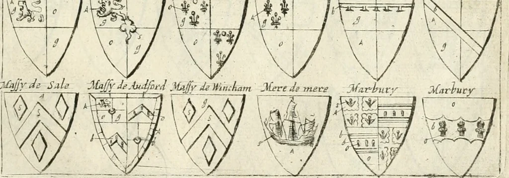 An illustration from The vale-royall of England, or, The county palatine of Chester illustrated : wherein is contained a geographical and historical description of that famous county, with all its hundreds and seats of the nobility, gentry, and freeholders, its rivers, towns, castles, buildings ancient and modern : adorned with maps and prospects, and the coats of arms belonging to every individual family of the whole county, 1656, leaf 142