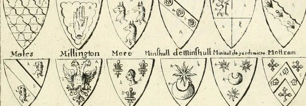 An illustration from The vale-royall of England, or, The county palatine of Chester illustrated : wherein is contained a geographical and historical description of that famous county, with all its hundreds and seats of the nobility, gentry, and freeholders, its rivers, towns, castles, buildings ancient and modern : adorned with maps and prospects, and the coats of arms belonging to every individual family of the whole county, 1656, leaf 144