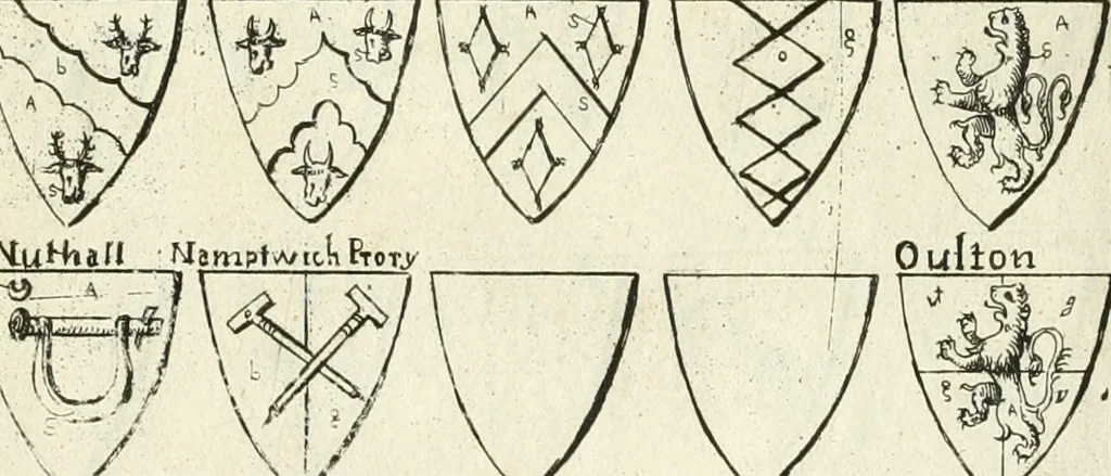 An illustration from The vale-royall of England, or, The county palatine of Chester illustrated : wherein is contained a geographical and historical description of that famous county, with all its hundreds and seats of the nobility, gentry, and freeholders, its rivers, towns, castles, buildings ancient and modern : adorned with maps and prospects, and the coats of arms belonging to every individual family of the whole county, 1656, leaf 144