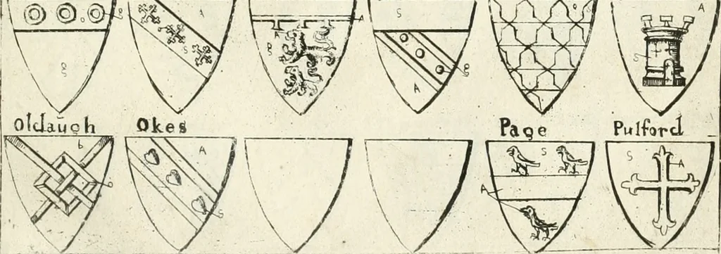 An illustration from The vale-royall of England, or, The county palatine of Chester illustrated : wherein is contained a geographical and historical description of that famous county, with all its hundreds and seats of the nobility, gentry, and freeholders, its rivers, towns, castles, buildings ancient and modern : adorned with maps and prospects, and the coats of arms belonging to every individual family of the whole county, 1656, leaf 144