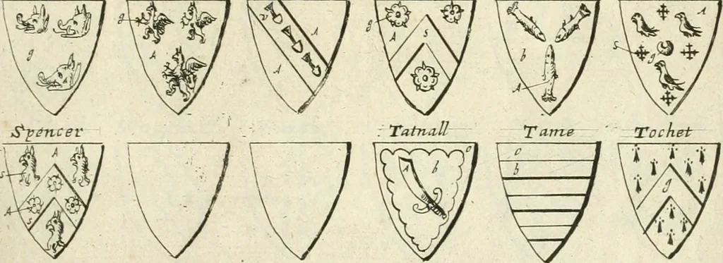 An illustration from The vale-royall of England, or, The county palatine of Chester illustrated : wherein is contained a geographical and historical description of that famous county, with all its hundreds and seats of the nobility, gentry, and freeholders, its rivers, towns, castles, buildings ancient and modern : adorned with maps and prospects, and the coats of arms belonging to every individual family of the whole county, 1656, leaf 148
