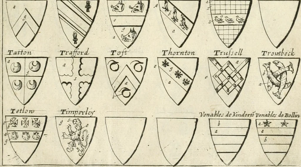 An illustration from The vale-royall of England, or, The county palatine of Chester illustrated : wherein is contained a geographical and historical description of that famous county, with all its hundreds and seats of the nobility, gentry, and freeholders, its rivers, towns, castles, buildings ancient and modern : adorned with maps and prospects, and the coats of arms belonging to every individual family of the whole county, 1656, leaf 148