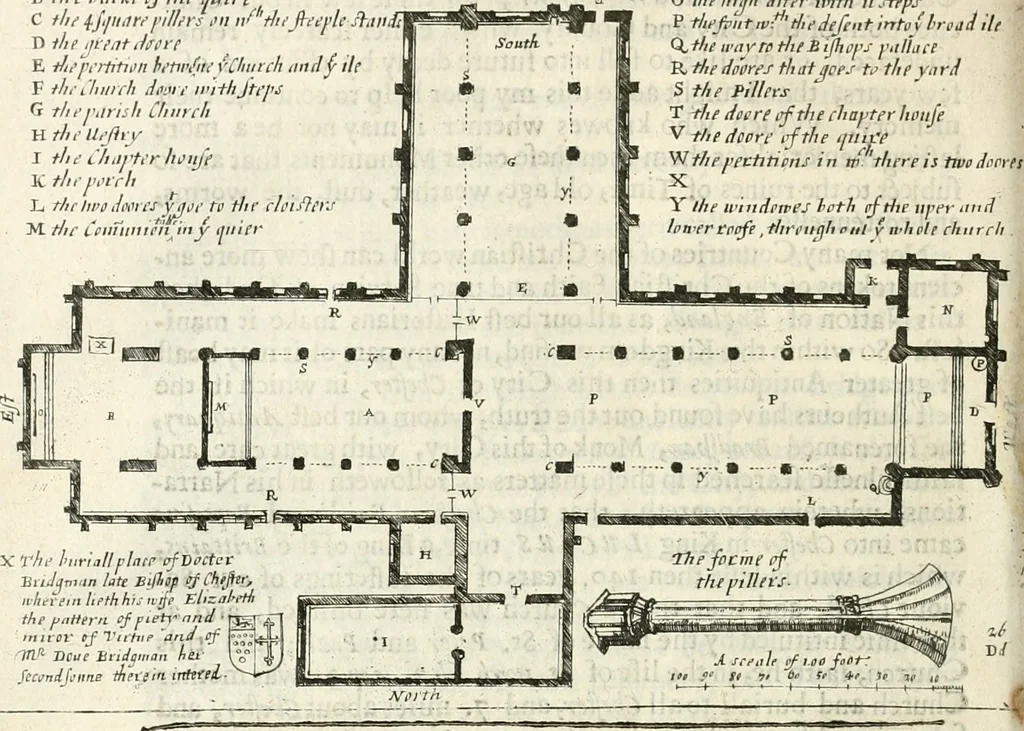An illustration from The vale-royall of England, or, The county palatine of Chester illustrated : wherein is contained a geographical and historical description of that famous county, with all its hundreds and seats of the nobility, gentry, and freeholders, its rivers, towns, castles, buildings ancient and modern : adorned with maps and prospects, and the coats of arms belonging to every individual family of the whole county, 1656, leaf 177