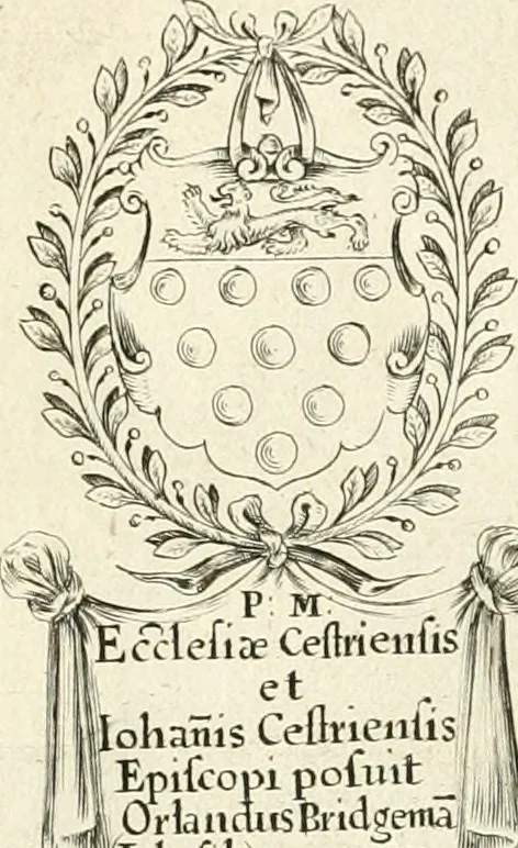 An illustration from The vale-royall of England, or, The county palatine of Chester illustrated : wherein is contained a geographical and historical description of that famous county, with all its hundreds and seats of the nobility, gentry, and freeholders, its rivers, towns, castles, buildings ancient and modern : adorned with maps and prospects, and the coats of arms belonging to every individual family of the whole county, 1656, leaf 178