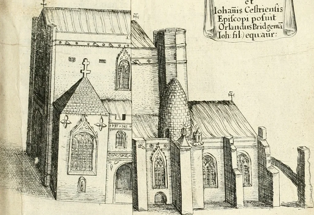 An illustration from The vale-royall of England, or, The county palatine of Chester illustrated : wherein is contained a geographical and historical description of that famous county, with all its hundreds and seats of the nobility, gentry, and freeholders, its rivers, towns, castles, buildings ancient and modern : adorned with maps and prospects, and the coats of arms belonging to every individual family of the whole county, 1656, leaf 178