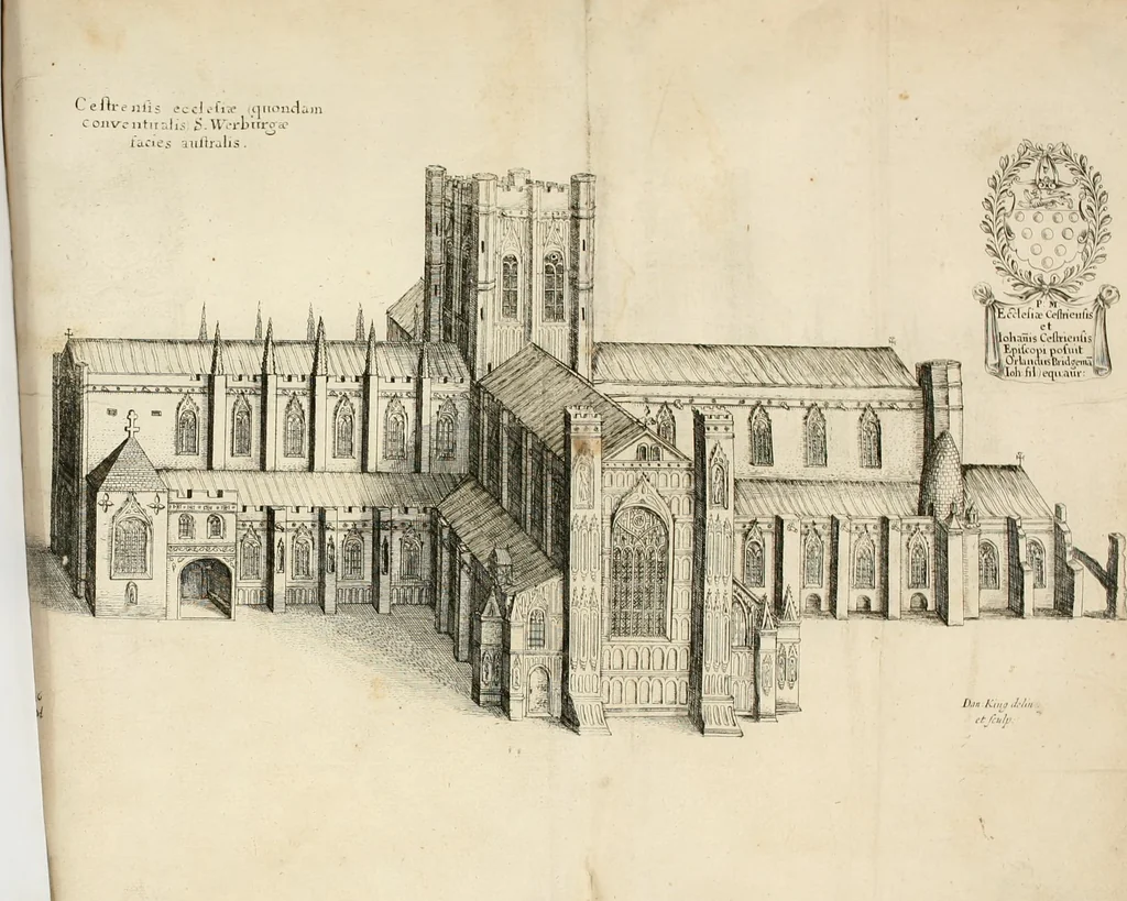 An illustration from The vale-royall of England, or, The county palatine of Chester illustrated : wherein is contained a geographical and historical description of that famous county, with all its hundreds and seats of the nobility, gentry, and freeholders, its rivers, towns, castles, buildings ancient and modern : adorned with maps and prospects, and the coats of arms belonging to every individual family of the whole county, 1656, leaf 179