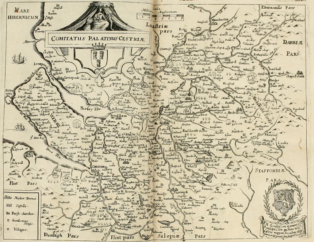 An illustration from The vale-royall of England, or, The county palatine of Chester illustrated : wherein is contained a geographical and historical description of that famous county, with all its hundreds and seats of the nobility, gentry, and freeholders, its rivers, towns, castles, buildings ancient and modern : adorned with maps and prospects, and the coats of arms belonging to every individual family of the whole county, 1656, leaf 21