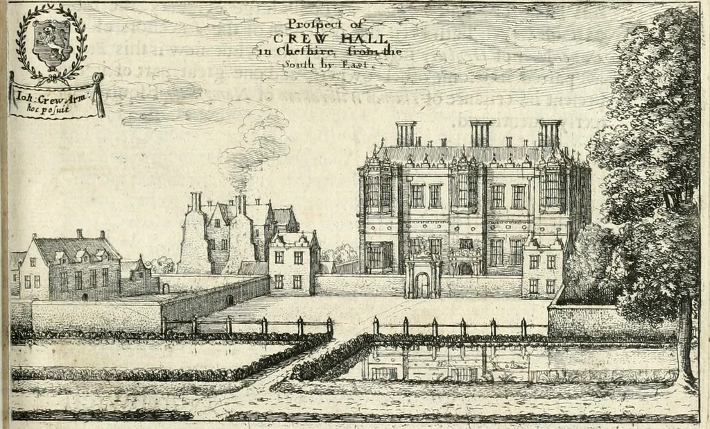 An illustration from The vale-royall of England, or, The county palatine of Chester illustrated : wherein is contained a geographical and historical description of that famous county, with all its hundreds and seats of the nobility, gentry, and freeholders, its rivers, towns, castles, buildings ancient and modern : adorned with maps and prospects, and the coats of arms belonging to every individual family of the whole county, 1656, leaf 228
