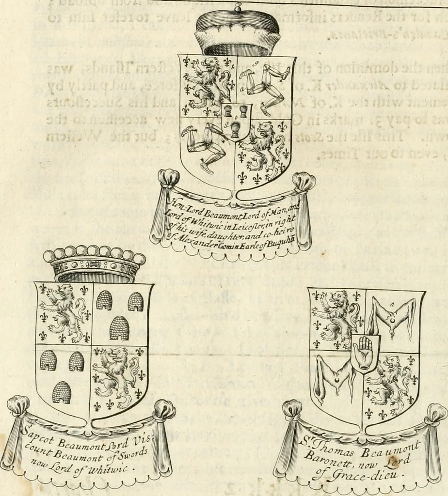An illustration from The vale-royall of England, or, The county palatine of Chester illustrated : wherein is contained a geographical and historical description of that famous county, with all its hundreds and seats of the nobility, gentry, and freeholders, its rivers, towns, castles, buildings ancient and modern : adorned with maps and prospects, and the coats of arms belonging to every individual family of the whole county, 1656, leaf 481