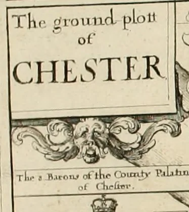 An illustration from The vale-royall of England, or, The county palatine of Chester illustrated : wherein is contained a geographical and historical description of that famous county, with all its hundreds and seats of the nobility, gentry, and freeholders, its rivers, towns, castles, buildings ancient and modern : adorned with maps and prospects, and the coats of arms belonging to every individual family of the whole county, 1656, leaf 59